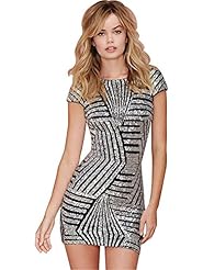Sexy Sequined Backless Short Sleeves Striped Print Bodycon Dress/Club Dress/Evening Dress/Prom Dress/Party Dress/Midi Dress/Mini Dress 