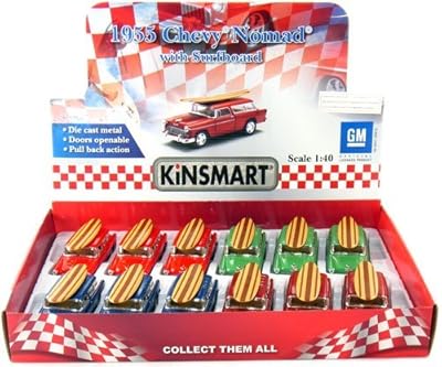 12 pcs in Box: 5" 1955 Chevy Nomad with Surfboard 1:40 Scale (Blue/Green/Metallic Red/Red)