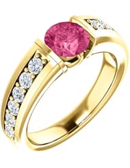 18K Yellow Gold 6.00mm Round Cut Pink Tourmaline and Diamond Ring -- LIFETIME WARRANTY