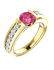 14K Yellow Gold 6.00mm Round Cut Pink Tourmaline and Diamond Ring -- LIFETIME WARRANTY