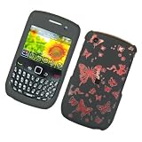 BLACK WITH LASER CUT MULTI RED BUTTERFLY RUBBERIZED SNAP ON HARD SKIN SHELL PROTECTOR COVER CASE FOR BLACKBERRY CURVE 8520 8530 + BELT CLIP + IN RETAIL PACKAGE