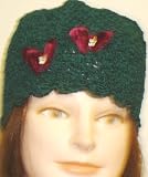 Hand Crocheted Forest Green Chenille and Gimp Tweed Skull Cap for Women and Teens Trimmed with Two Burgundy Color Rhinestone Velvet Butterfly