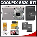 Nikon Coolpix S620 12 Megapixel Digital Camera (Rich Pearl) with 4x Wide Angle Optical Zoom + (2) EN-EL12 Battery Packs + Leather Case + Accessory Kit