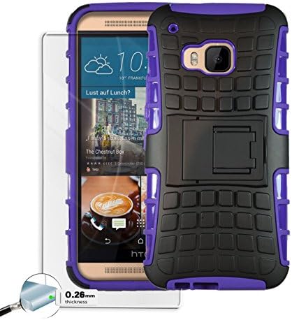 Htc One M9 Case Rugged Dual Layer [Tempered Glass 0.26 mm Screen Protector] Heavy Duty Kickstand Cover for Htc One M9 2015 Edition - (Purple)
