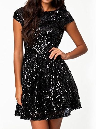 828 - Plus Size Cap Sleeves Sequins Skater Cocktail Club Dress Black (2X)