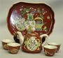 Chinese Mini Tea Set - Good Fortune Design -Service for 4 , Red Orange, Hand Painted Porcelain