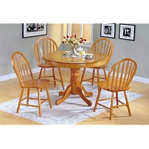 5pc Country Style Oak Finish Wood Round Dining Table +4 Windsor Chair Set