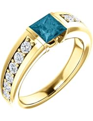 18K Yellow Gold 5.00x5.00mm Princess Cut London Blue Topaz and Diamond Ring -- LIFETIME WARRANTY