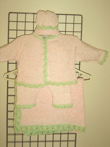Ck107bk, Knitted on Hand Knitting Machine Finished By Hand Crochet Baby Pink Chenille Mint Pecot Trim Infant Girls Cardigan Hat Set with Matching Blanket