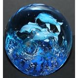 Murano Design Dolphins in Blue and Clear Bubbles Paperweight