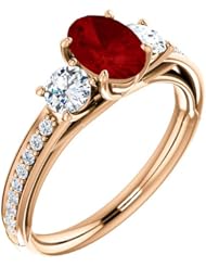 10K Rose Gold 7.00x5.00mm Oval Cut Ruby and Diamond Three-Stone Ring -- LIFETIME WARRANTY