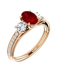 14K Rose Gold 7.00x5.00mm Oval Cut Ruby and Diamond Three-Stone Ring -- LIFETIME WARRANTY