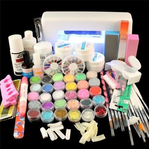 Vip Beauty Shop Full Set Acrylic Powder Uv Gel Kit Brush Pen Uv Lamp Nail Art DIY Manicure Kit with Duck Nail Tips