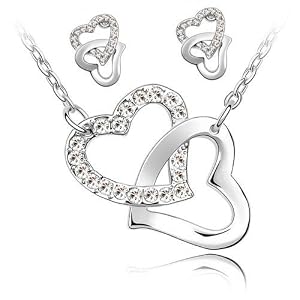 Parure Collier et Boucles d'oreille 2 Coeurs entrelacés et Chaîne en plaqué Or blanc 18 carats - Blanc