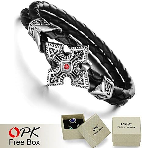 Stars Pavilion Jewelry Free Box! Brand Casual Men'S Genuine Leather Weaving Bracelet With Ruby Stone Hiphop Cross Wrap Wristband, 848