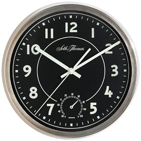 Seth Thomas Luminous Silver Tone Metal Case with Black Dial Round Thermometer Wall Clock
