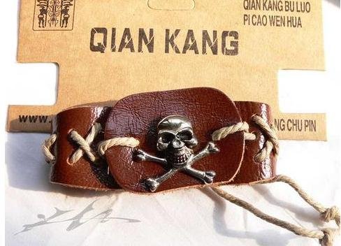 Natural Leather Cord Bracelet With Fearsome Skull Pendant
