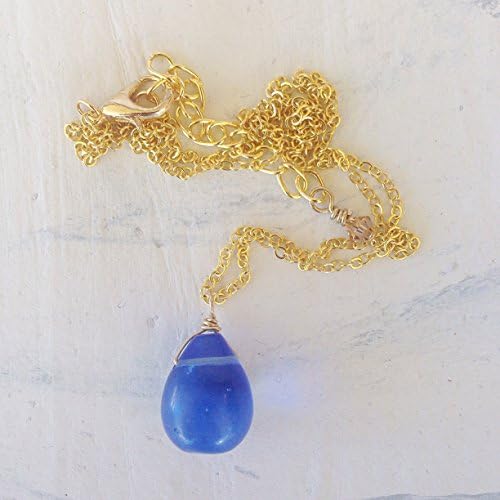 18" Gold Plated Chain Necklace with Cobalt Blue Glass Teardrop Pendant and Champagne Swarovski Extender