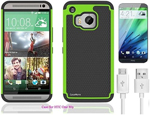 HTC One M9 Case + Free Screen Protector + Free Charger Cable + Free Stylus + Microfiber Cleaning Cloth by CaseMore Shock Proof Plastic + Silicon Dual Layer Protective Armor Defender Case - Green