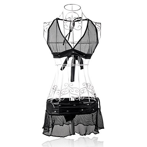 Sexy Women Lingerie Black See-through Mesh Leather Halter Bra Top Mini Skirt
