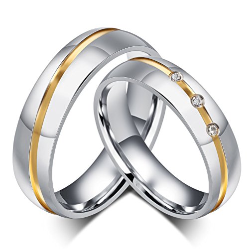 Stainless Steel Couple Ring Two Tone CZ Cubic Zirconia Promise Engagement Wedding Band,Silver