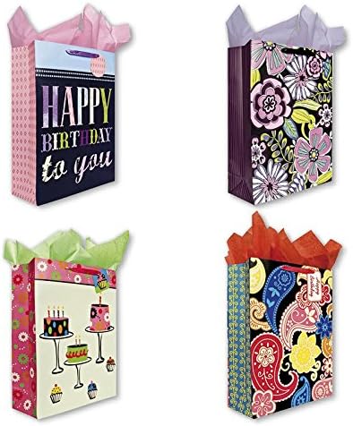 All Occasion Birthday Party Gift Bags Set of 4 Extra Large Jumbo Gift Bags w/ Wonderful Designs, Happy Birthday, Flowers, Cakes, Tags, and Tissue Paper for Women, and Girls