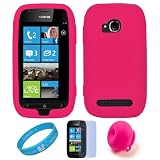 Magenta Soft Smooth Silicone Protective Skin Cover For T-Mobile Nokia Lumia 710 Nokia Windows Phone + Clear Screen Protector + Pink Rubber Suction Stand + SumacLife TM Wisdom*Courage Wristband