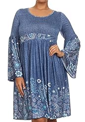 Denim/Polyester/Spandex Bell Sleeves Floral Print Flared-Skirt  Dress