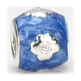 Bella Fascini Blue Enamel Clear Cubic Zirconia Flowers Silver Charm Bead