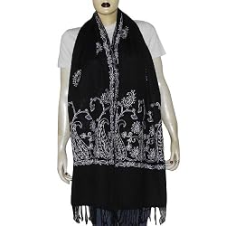 Black Scarve Stoles Wool Embroidery India 80 x 29 inches