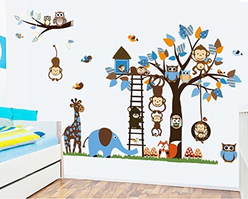 KIDSLAND Giant Wall Decals for Kids Rooms, Nursery, Baby, Boys & Girls Bedroom - Peel & Stick, Large Removable Vinyl Wall Stickers - Lovely Animals Owls Monkeys Birds Elephant Giraffe Lion Zebea Trees