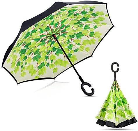 Umbrella C-shaped handle Windproof Reverse Folding Double Layer Inverted Umbrella Double Reverse umbrella and Self Standing Inside Out Rain Protection Umbrella (Purple) (Green Shade)