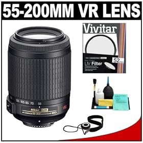 Nikon 55-200mm f/4-5.6G ED IF AF-S DX VR [Vibration Reduction] Zoom Nikkor Lens + 52mm UV Glass Filter + Accessory Kit for D40, D60, D90, D200, D300, D300s, D3000, D5000 Digital SLR Cameras