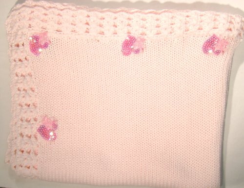 Bk86, Knitted on Hand Knitted Machine Baby Pink Cotton Trimmed By Hand Crochet with Pink Infant Girls Blanket with Hot Pink Sequin Hearts