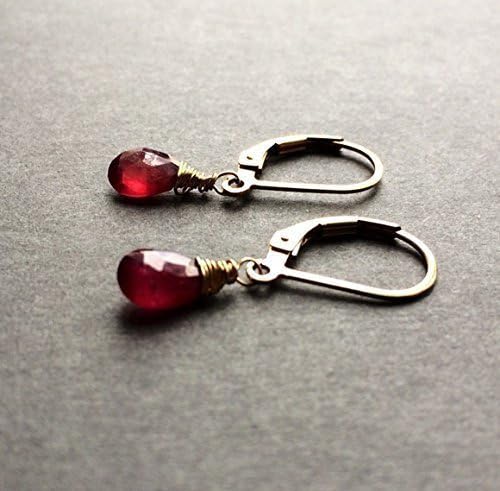 Earrings natural Red Ruby Stone Drops 14k Gold July Birthstone