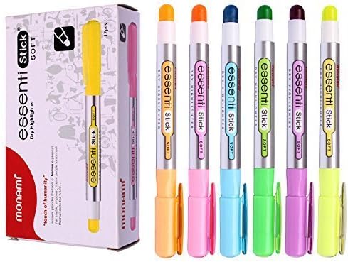 Monami Essenti Stick Soft Pastel Ink Jet Safe Color Dry Highlighter Pen Markers (Pack of 12) (Bundle (6 Color Mix))