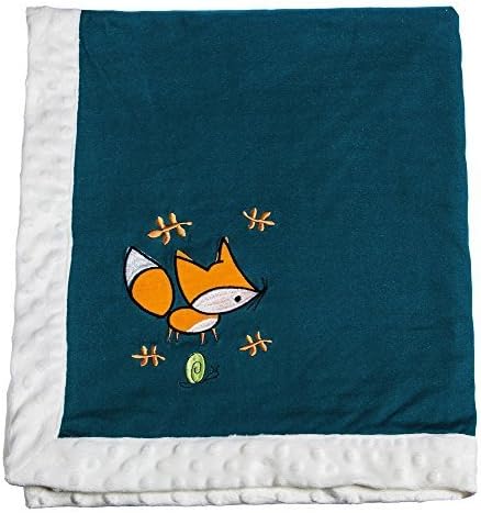 Frolicking Forest Navy and Orange Embroidered Fox Minky Dot Blanket by My Evergreen