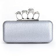 Skull Knuckle Rings Clutch Evening Bag, PU Embed with Sequin – Silver
