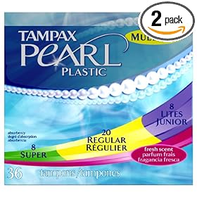 Tampax Pearl Tampons Multipax with Plastic Applicator, Variety Pack of 8 Super, 20 Regular and 8 Junior Lites, Fresh Scent, 36-Count Boxes (Pack of 2)
