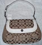 Coach Soho Pleated Signature Large Flap Handbag (Khaki/White)