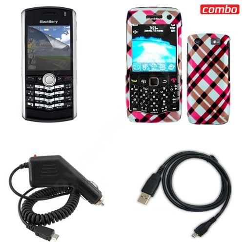 Blackberry pearl 9100 Combo Hot Pink Plaid Protective Case Faceplate Cover + LCD Screen Protector + Rapid Car Charger + USB Data Charge Sync Cable for Blackberry pearl 9100