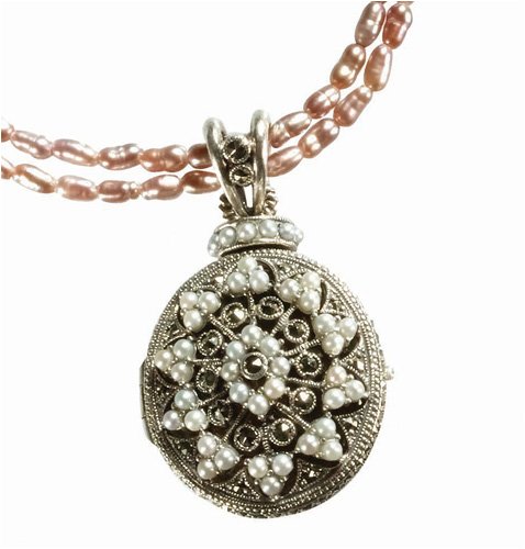 Etched Locket Silver Natural Seed Pearl Pendant w