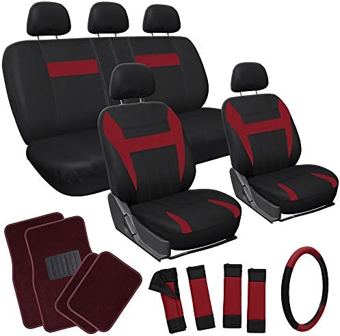 OxGord 21pc Black &amp; Red Flat Cloth Seat Cover and Carpet Floor Mat Set for the Chevrolet Aveo Hatchback, Airbag Compatible, Split Bench, Steering Wheel Cover Included