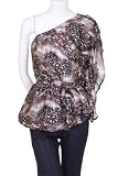 Sapa One Sleeve Leopard Print Elastic Smocking Waist Detail Rhinestone Bead Chain Shoulder Detail Blouse Brown