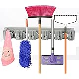 Ibell Mop Broom Holder Wall Mounted, 5 Position with 6 Hooks Garage Storage Holds up to 11, Storage Solutions for Broom Holders, Garage Storage Systems Broom Organizer