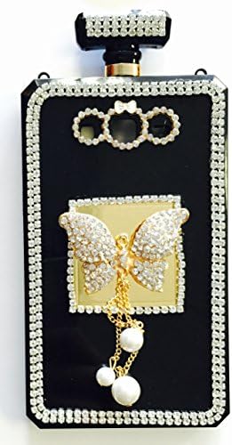 Stylish Crystal Diamond Rhinestones 3D Luxury Shining Butterfly Perfume Bottle Phone Case with Gold/Black Leather Chain (GRAND 2 Gold/Silver Gems)