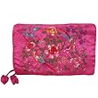 Silky Embroidered Brocade Jewelry Travel Organizer Roll Pouch - Pink