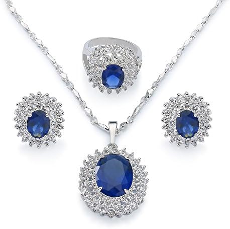 Rellecona Platinum Plated Sterling Silver Sapphire Inlay Jewelry Sets Women's Necklace Earrings and Ring