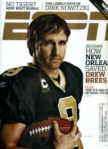ESPN January 25 2010 Drew Brees/New Orleans Saints/Purdue on Cover, Dirk Nowitzki/Dallas Mavericks, Jordan Crawford/Xavier, Bubba Watson/PGA, Simon Dumont/Freeskier