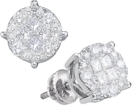 14k White Gold Princess Round Natural Diamond Cluster Screwback Stud Womens Fine Earrings 1/4 Cttw